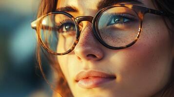 Portrait of a young woman with glasses looking upwards with thoughtful expression bathed in warm sunlight photo