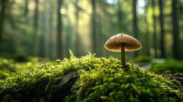 Tranquil forest scene featuring a solitary mushroom illuminated by sunlight filtering through the lush green woodland photo