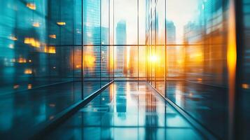 Reflections of city buildings fill an empty space The sun shines through the windows during a beautiful day photo