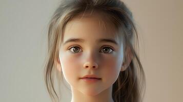 A young girl with fair skin and brown hair looks directly at the camera with a soft expression in a neutral setting photo
