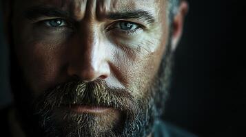 Intense close-up of a man's face with piercing blue eyes and a rugged beard showcasing determination and character photo