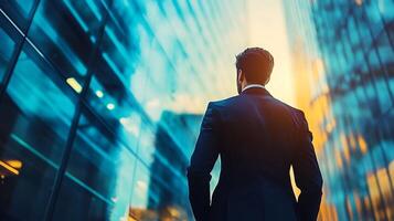 A distinguished professional stands before a sleek skyscraper embodying ambition and modern leadership He contemplates the future photo