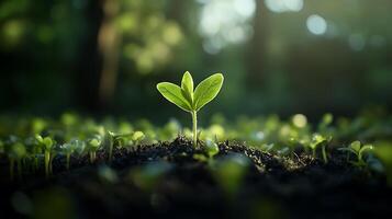 A vibrant green sprout emerges from fertile soil bathed in sunlight symbolizing new beginnings and the promise of growth photo