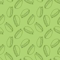 Pistachio nuts seamless pattern with nuts outline on green background, hand drawn doodle sketch style. vector