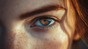 Intense gaze from a person with striking eye color and red hair emphasizing depth and detail in a close-up shot photo