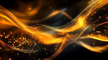 Golden abstract waves with sparkling particles flow across a dark background creating a mesmerizing and dynamic motion effect photo