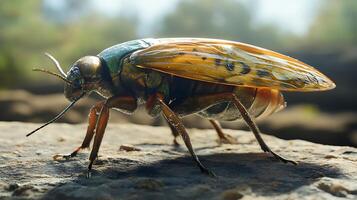 A vibrant insect with iridescent wings and exoskeleton perched on a textured surface under a sun-drenched sky photo