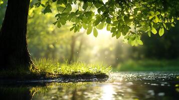 Sunlight filters through leaves illuminating tranquil waters and lush greenery capturing nature's serene beauty photo
