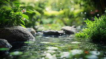 Peaceful stream flowing through lush greenery featuring flowers rocks moss and serene lily pads on the water photo