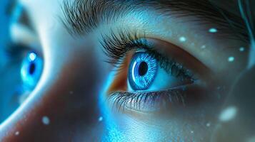 A striking close-up unveils piercing bright eyes reflecting depth and capturing the essence of visual perception photo