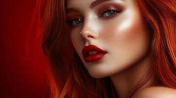 Stunning woman with vibrant red hair and bold red lipstick radiating confidence and beauty in a studio setting portrait style photo