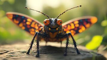 A vibrant insect with patterned wings poses on a rock set against a lush green backdrop creating a striking contrast photo