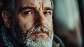 Thoughtful older man with a gray beard and furrowed brow gazes seriously conveying wisdom and quiet strength photo