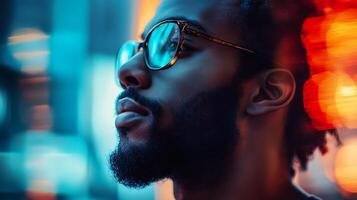 Contemplative man gazing upward in city lights illuminated by a futuristic glow with glasses and beard in sharp focus photo