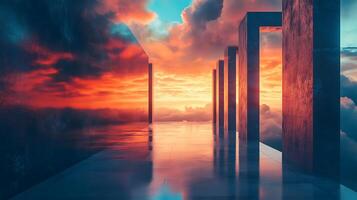 Ethereal landscape with glowing sky concrete structures and reflections creating an otherworldly atmosphere photo