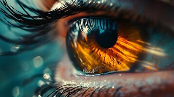 A mesmerizing close-up showcases a striking eye with intricate details and a captivating golden-brown iris surrounded by lashes photo