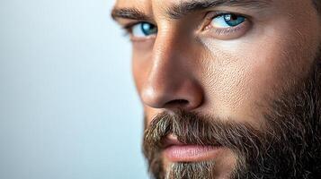 Intense gaze A close-up of a handsome bearded man with piercing blue eyes conveying depth and confidence photo
