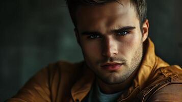 Intense portrait of a handsome man with captivating eyes and a strong gaze wearing a yellow jacket Focused and charismatic photo