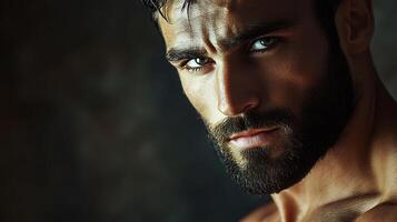 Portrait of a handsome man with a beard The man looks into the camera with a serious look on his face photo