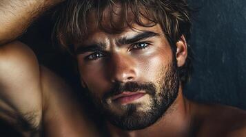 Intense portrait of a man with a beard and expressive eyes set against a moody dark background Close-up shot photo