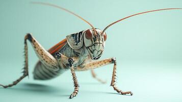 Detailed macro shot of a grasshopper showing its intricate features and textures against a simple background photo