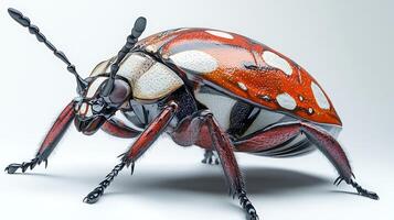 Detailed macro image of a beetle with intricate patterns and striking colors The beetle stands on a plain white background photo
