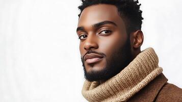 Portrait of a man with short curly hair beard and wearing a turtleneck and a brown coat against a white background photo