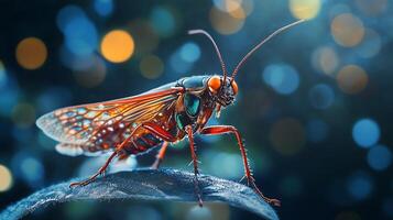 Close-up image of a colorful insect with detailed wings perched on a leaf with bokeh lights in the background photo