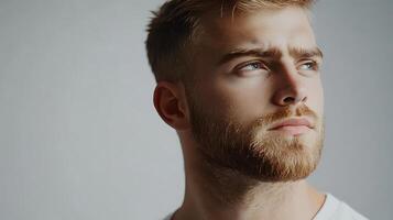 Portrait of a fair-skinned light-haired man looking thoughtfully to the side against a plain backdrop Contemplative mood photo