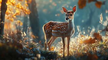 Spotted fawn standing in a meadow basks in sunlight exuding serenity in a picturesque nature setting photo