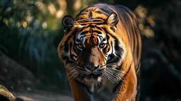 Intense tiger staring directly at the viewer showcasing its powerful gaze and intricate striped patterns in the outdoors photo