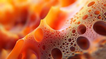 Abstract close-up of an orange porous surface with holes and bubbly texture creating a unique organic pattern photo