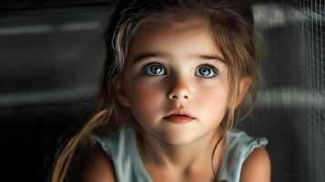 Portrait of a young girl with captivating blue eyes and a gentle expression set against a softly lit neutral backdrop photo