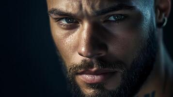 Intense portrait of a man with a beard looking intently at the viewer showcasing detail and emotion photo