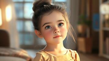 Enchanting child portrait featuring a young girl with a topknot and captivating eyes against a soft blurred backdrop photo