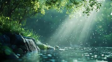 Sunlight streams through lush green foliage creating a serene and magical atmosphere at a waterfall and pond photo