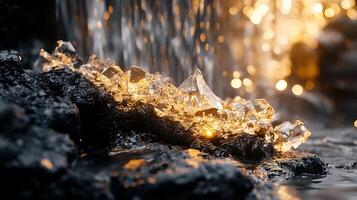 Illuminated crystals catch the light in this natural scene where water flows over the rocks and the bright shining gems photo