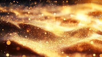 Golden particles create an abstract landscape shimmering with light resembling a desert under a starry sky photo