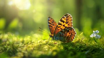 Detailed butterfly with intricate wings sits on green moss amidst soft light nature's wonder in gentle focus photo