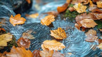 Autumn leaves gently float and swirl in a shallow rushing stream displaying vibrant fall colors in the tranquil setting photo