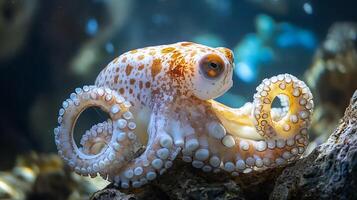 A beautiful octopus with white skin and orange spots sits on a rock in a tank with blue water in the background photo