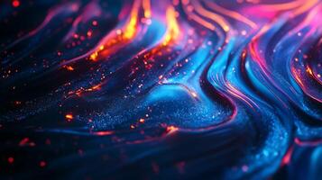 Vivid abstract background showcases flowing waves of blue illuminated with vibrant orange and pink sparkles and highlights photo