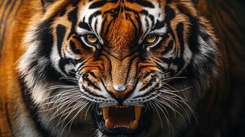 Intense tiger portrait Powerful orange and black stripes highlight the ferocity in the big cat's piercing yellow eyes photo