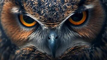 Intense gaze of an owl with piercing orange eyes staring intently forward capturing its avian majesty and predatory nature photo