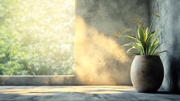Serene indoor setting featuring a potted plant bathed in sunlight creating a peaceful and inviting atmosphere photo