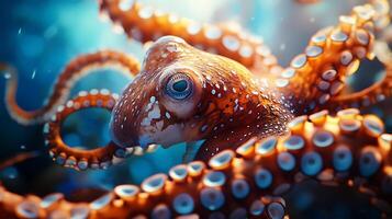 Underwater marvel Close-up of a mesmerizing octopus its intricate details highlighted in vibrant colors against a clear background photo