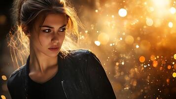 Stylish woman with a determined expression highlighted against a shimmering bokeh background in warm inviting hues photo