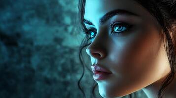 Serene visage bathed in ethereal blue light gazing off into the distance with an aura of calm and quiet beauty photo