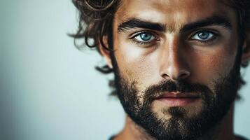 Close-up portrait of a handsome man with piercing blue eyes and a well-groomed beard against a plain light background photo