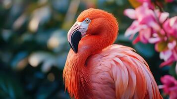 Vibrant flamingo portrait amidst lush flora showcasing nature's artistry and the bird's colorful plumage Tropical elegance photo